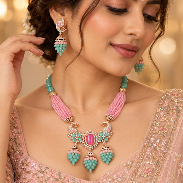 NL-42 peacock inspired pink and aqua green Italian brass necklace set model