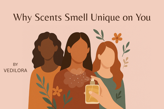 “Luxury perfume bottle with floral and woody background notes”Perfume for every skin type  Why perfume smells different  Long-lasting fragrance  Vedilora perfume  Personalized fragrance.