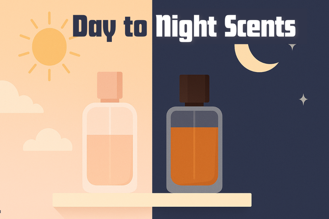 "Visual comparison of day and night perfumes, featuring light floral and citrus notes for daytime on one side, and deep, musky or woody scents for nighttime on the other, with contrasting bright and dark backgrounds representing day and night."
