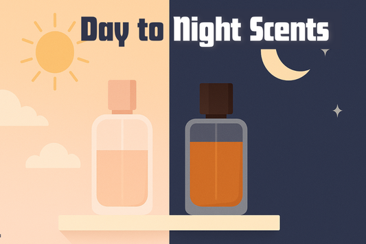 "Visual comparison of day and night perfumes, featuring light floral and citrus notes for daytime on one side, and deep, musky or woody scents for nighttime on the other, with contrasting bright and dark backgrounds representing day and night."