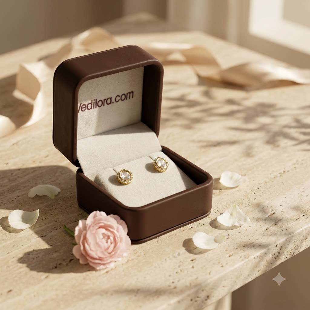 Vedilora Kundan Round Stud Earrings – Gold-Tone Crystal Statement Earrings