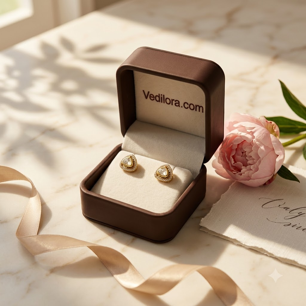 Vedilora Kundan Triangle Stud Earrings – Gold-Tone Crystal Statement Earrings