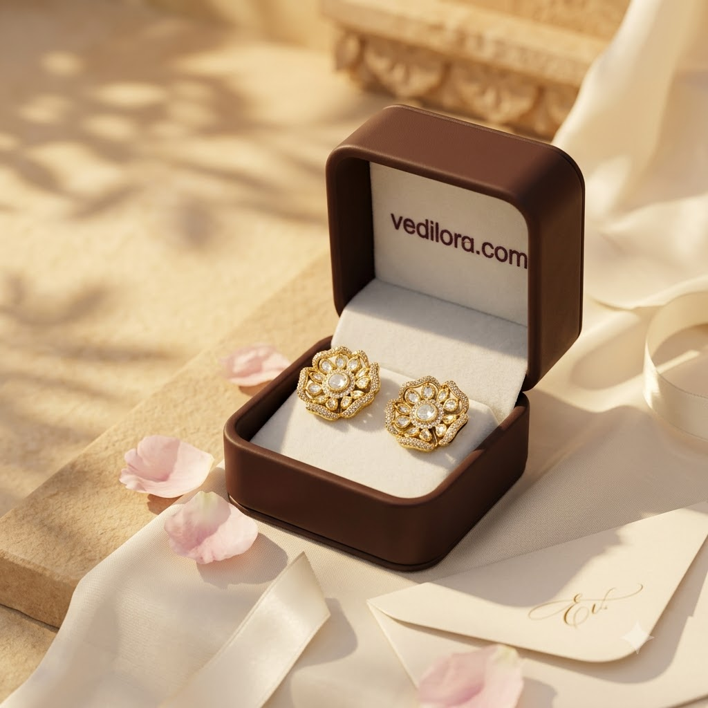 Vedilora Kundan Floral Stud Earrings – Elegant Gold-Tone Statement Jewellery