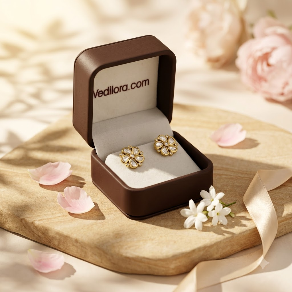 Vedilora Kundan Floral Stud Earrings – Elegant Gold-Tone Statement Jewellery