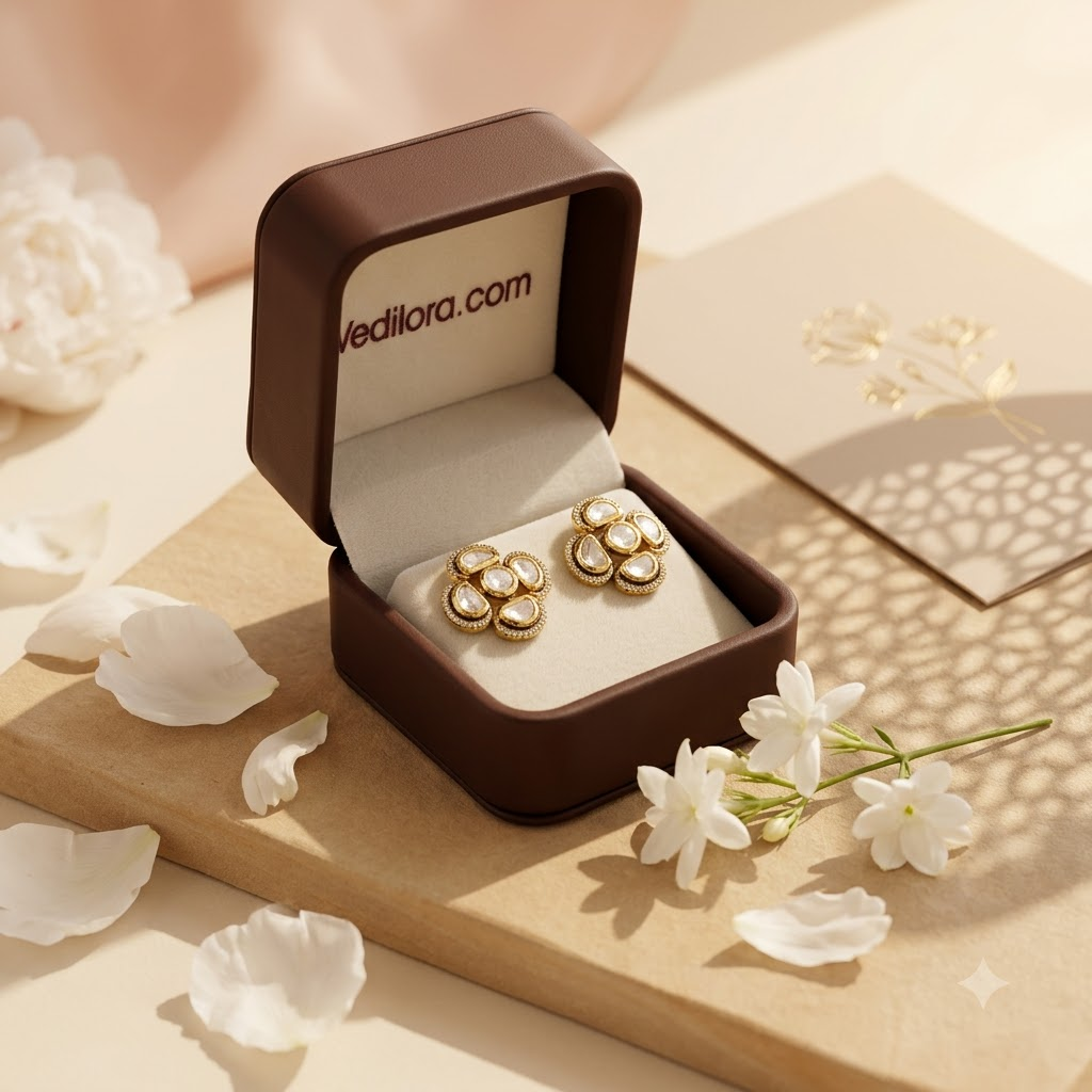Vedilora Kundan Geometric Stud Earrings – Gold-Tone White Stone Statement Jewellery