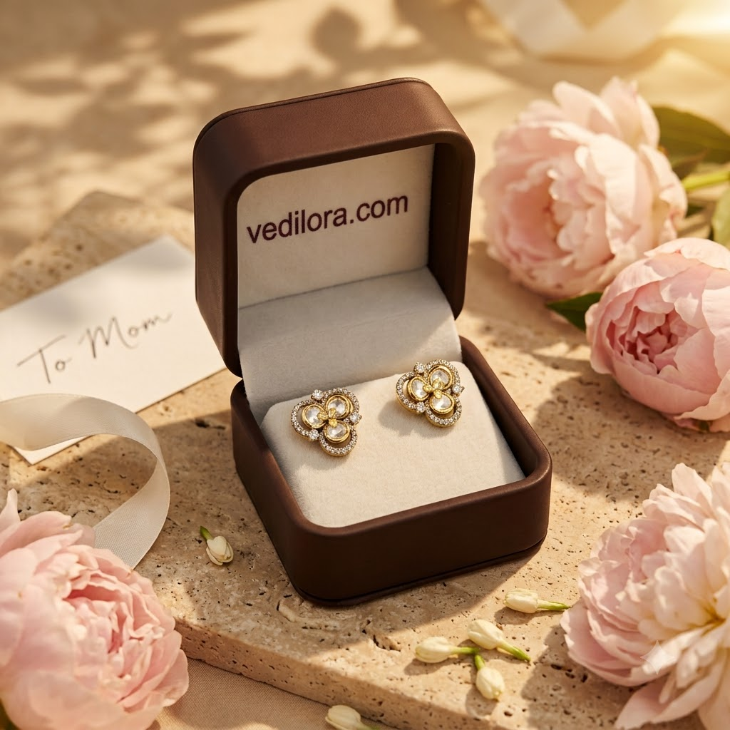 Vedilora Kundan Floral Stud Earrings – Elegant Gold-Tone Statement Jewellery