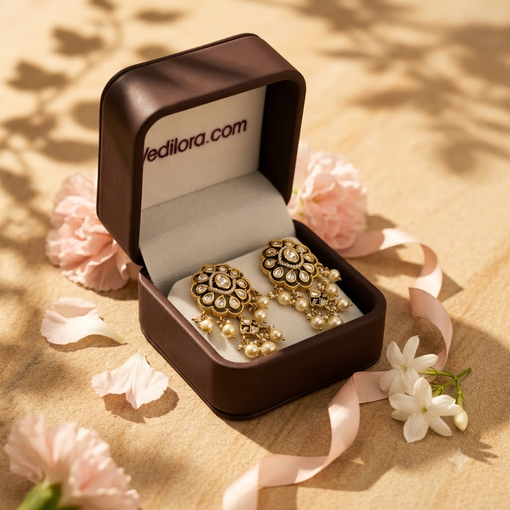 Vedilora Kundan Pearl Chandbali Earrings – Traditional Gold-Tone Statement Jewellery
