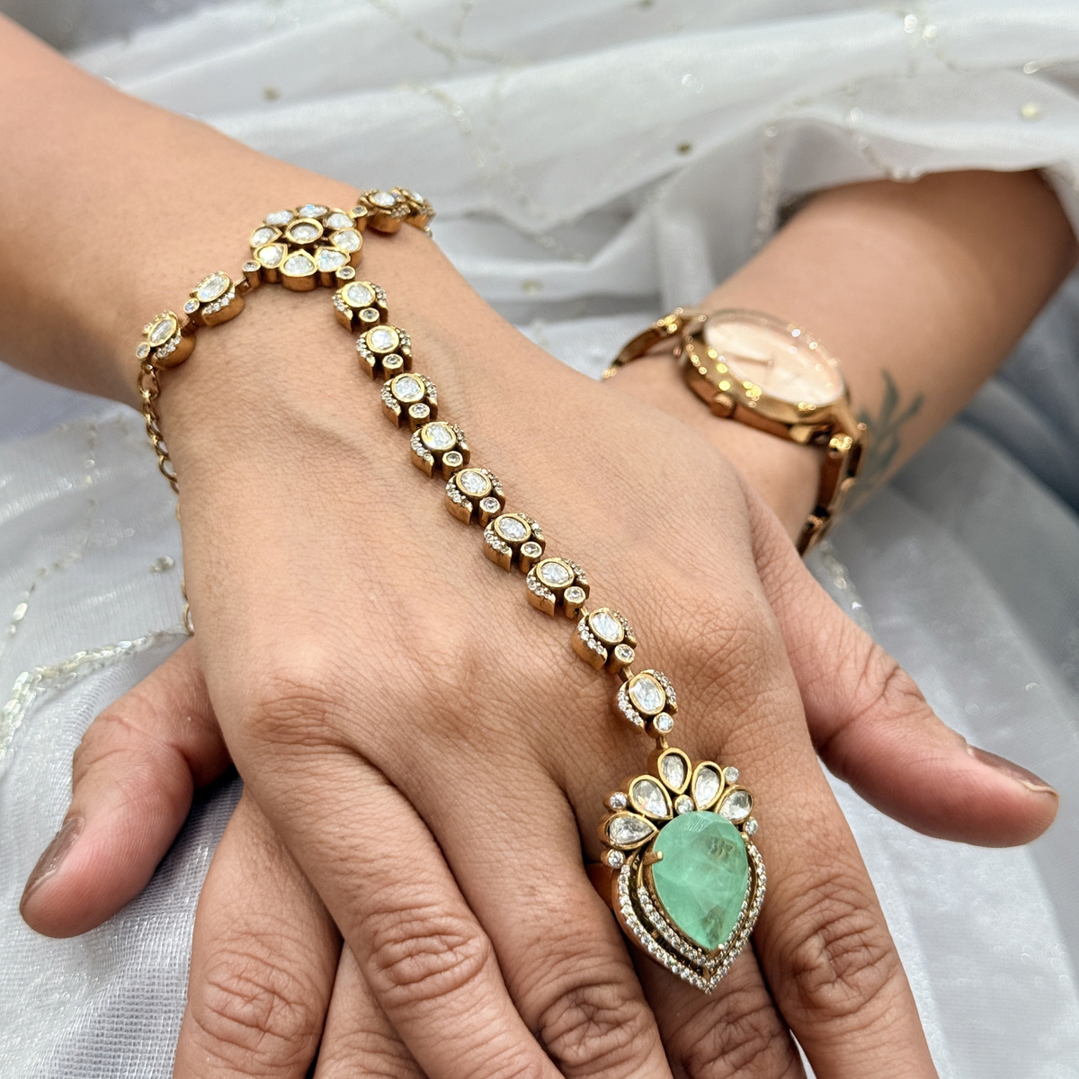 Aanya Green Polki-Inspired Hathphool