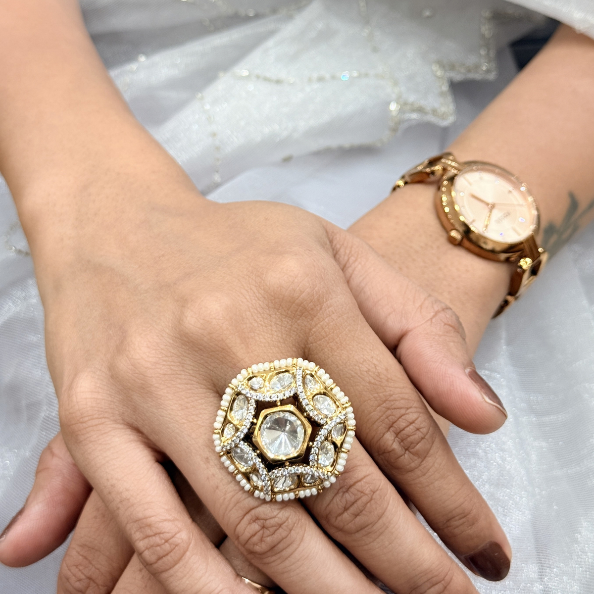 Kundan-Inspired Pearl-Style Adjustable Statement Ring