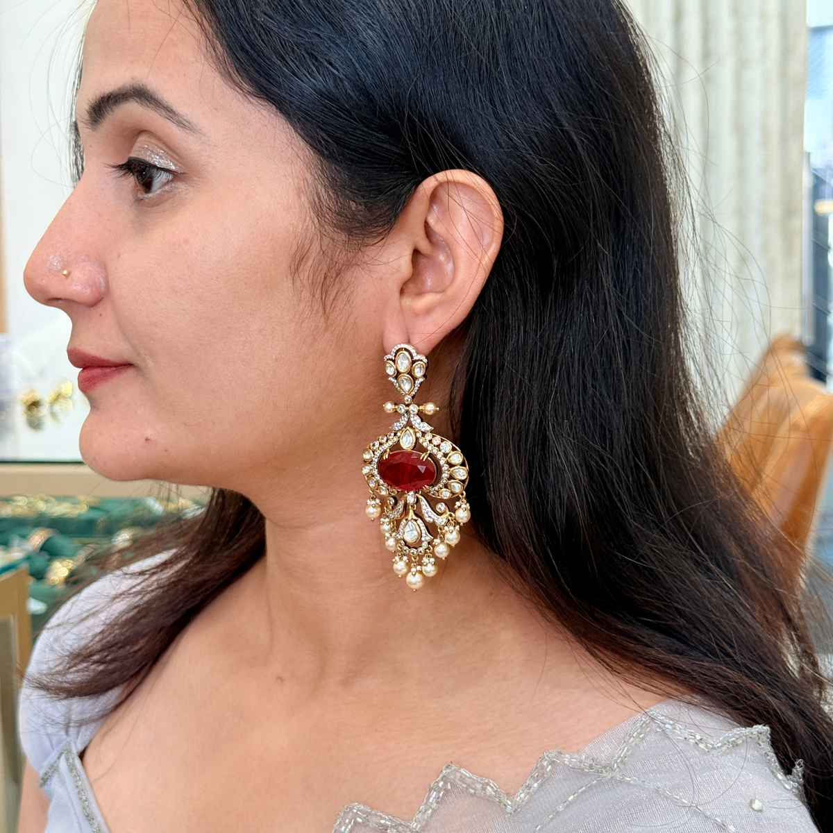 Kundan-Inspired Pearl-Style Drop Earrings