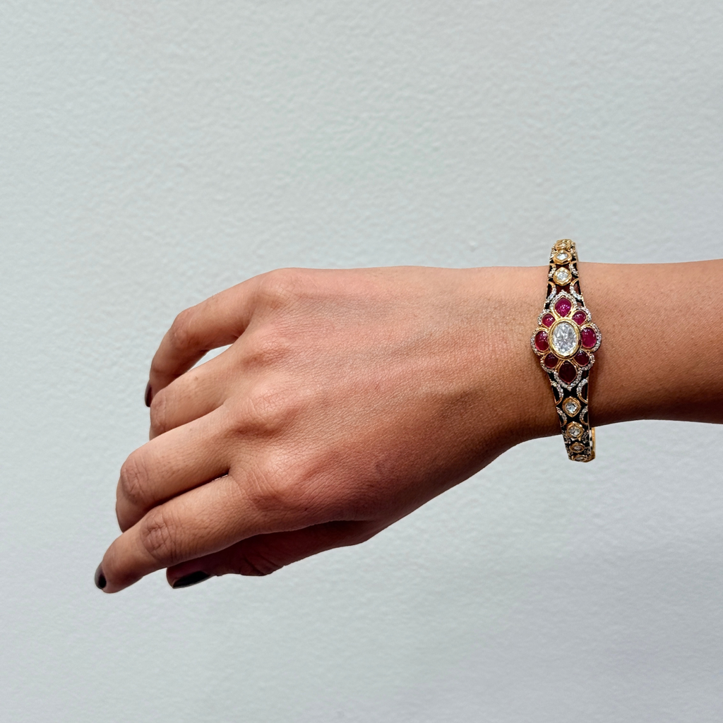 Floral Ruby Statement Bracelet with Gold-Tone Finish