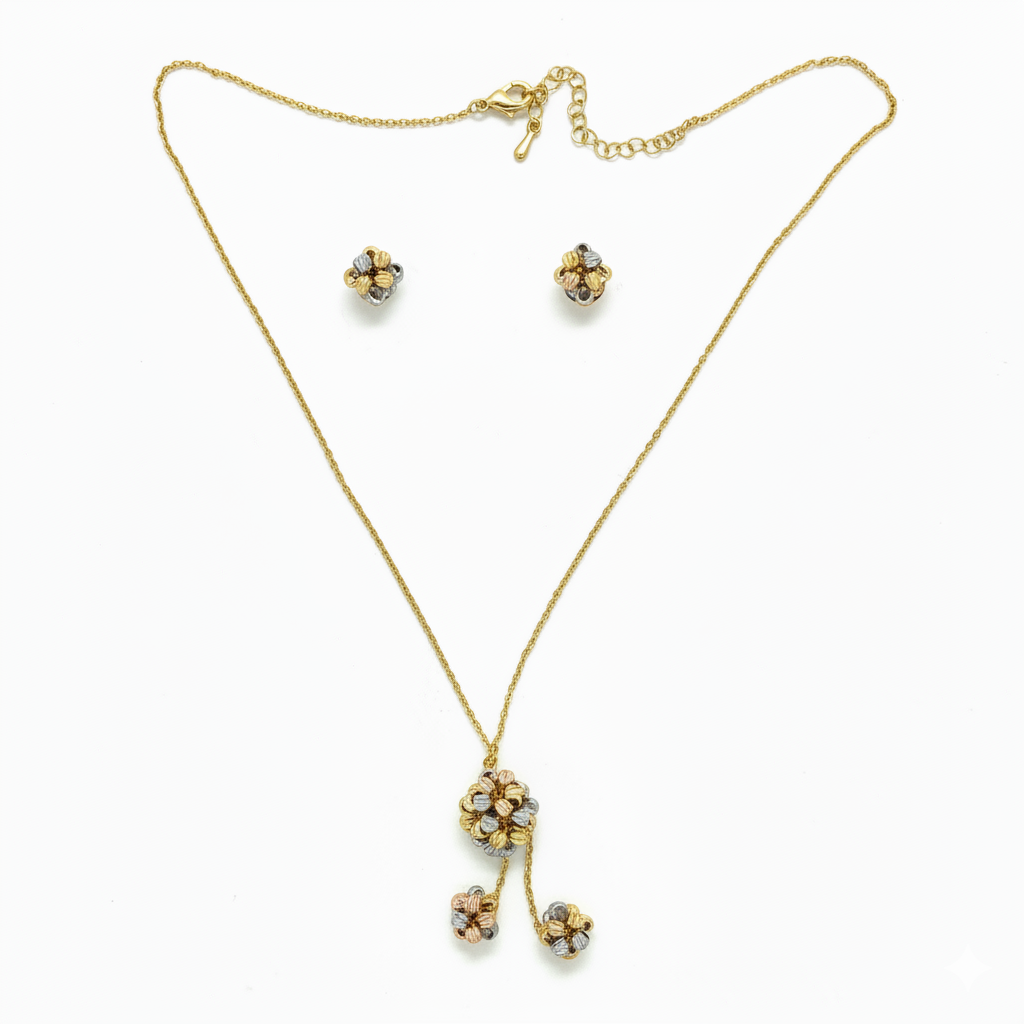 Elegant Floral Pendant Necklace Set with Matching Stud Earrings Gold Finish