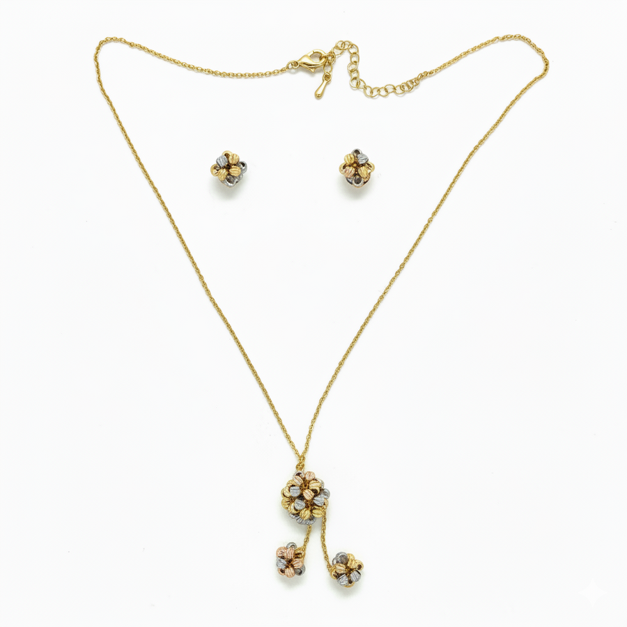 Elegant Floral Pendant Necklace Set with Matching Stud Earrings Gold Finish