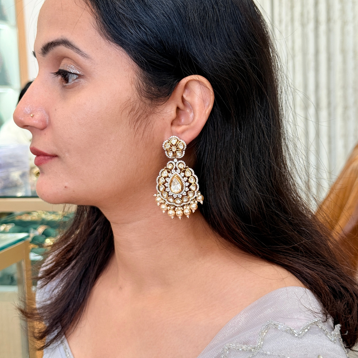 Asha Kundan-Inspired Pearl-Style Drop Earrings