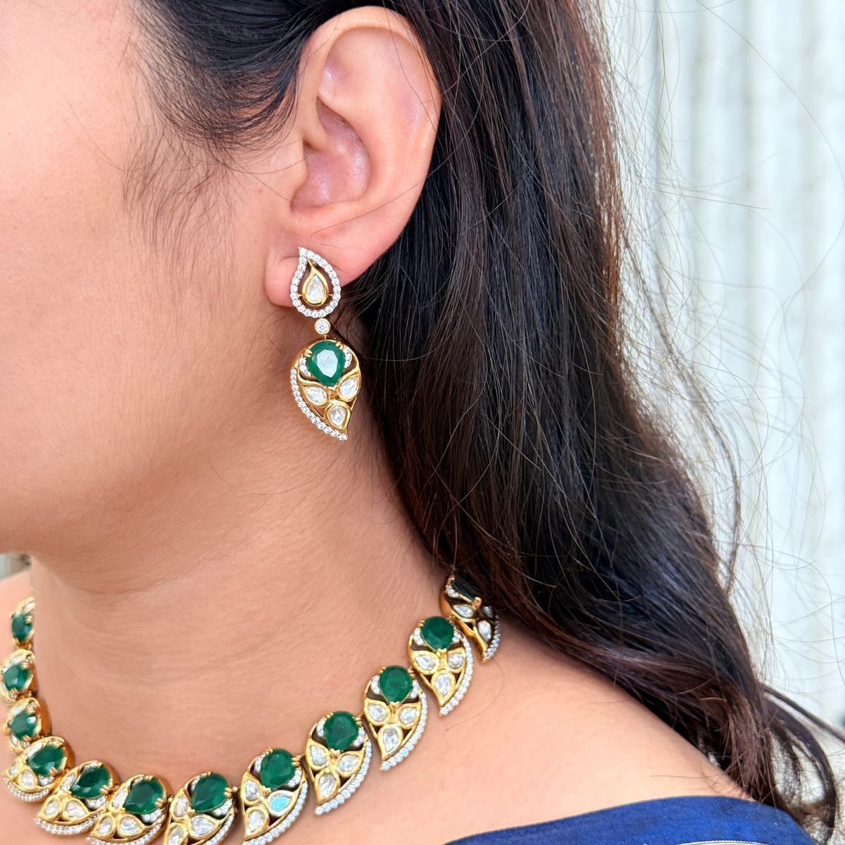 Emerald Polki Leaf Necklace Set