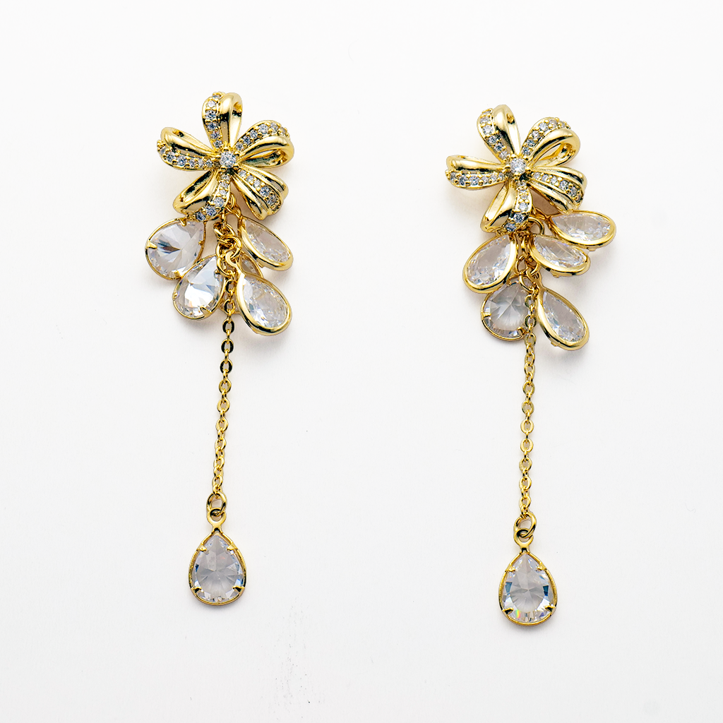 Golden Crystal Flower & Teardrop Cascade Earrings