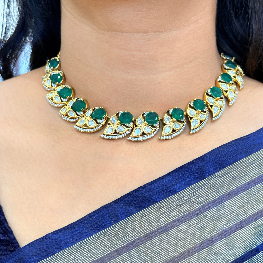 Emerald Polki Leaf Necklace Set