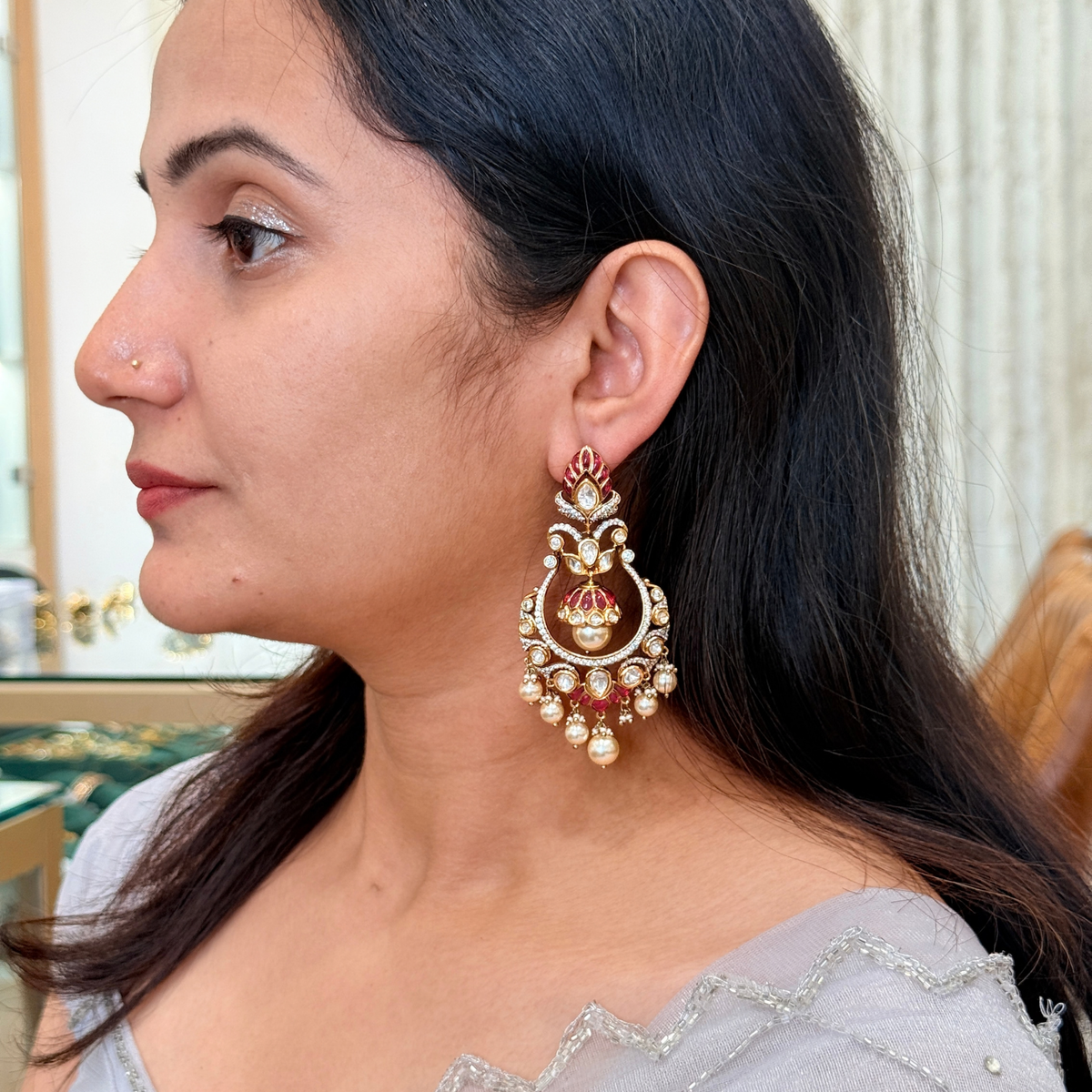 Green Kundan-Inspired Chandbali Earrings