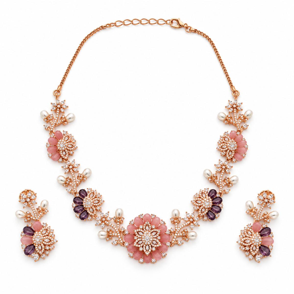 Blush Floral Rose-Tone Necklace Set