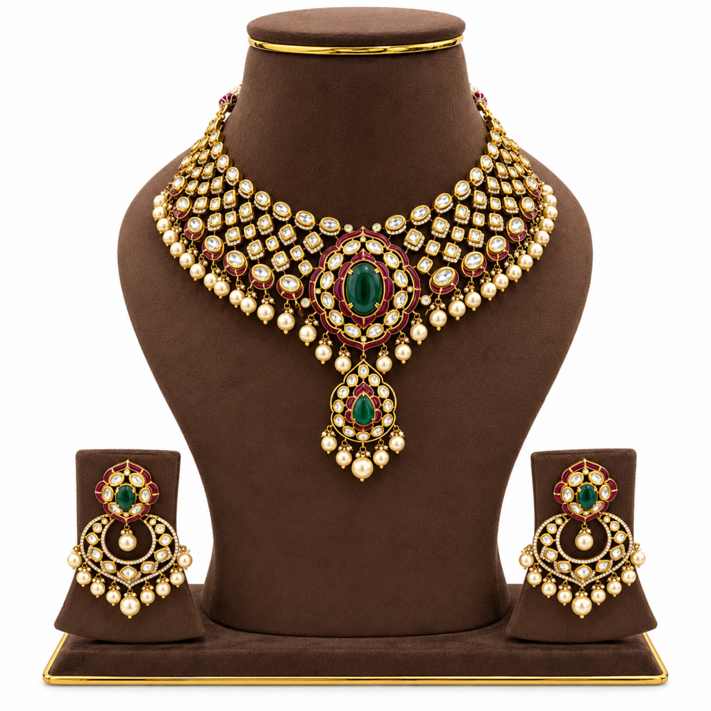 Aurevia Emerald Kundan Necklace Set