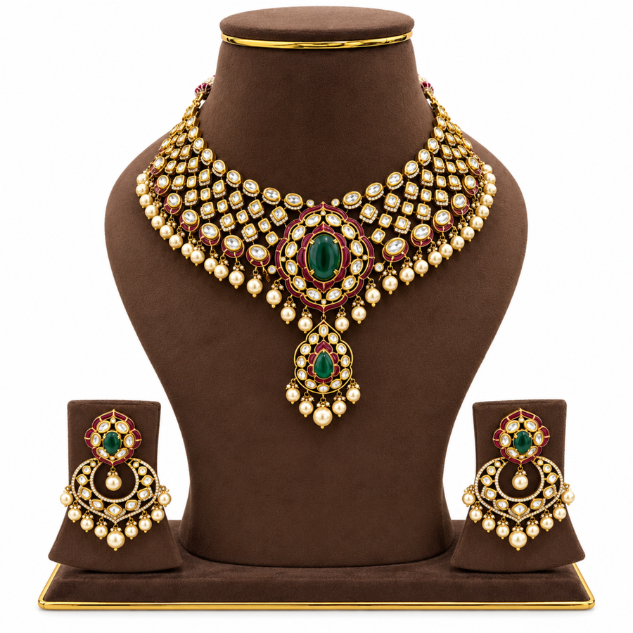 Aurevia Emerald Kundan-Inspired Necklace Set