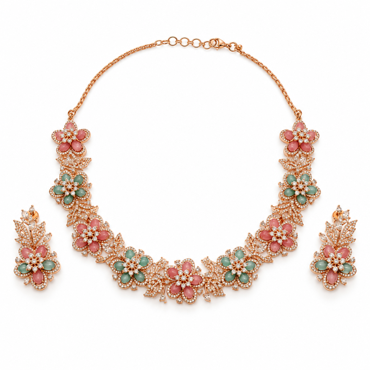 Rose-Tone Floral Necklace Earring Set