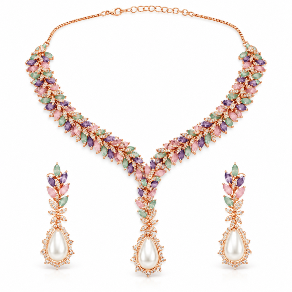Pastel Leaf Pearl-Drop Necklace Set
