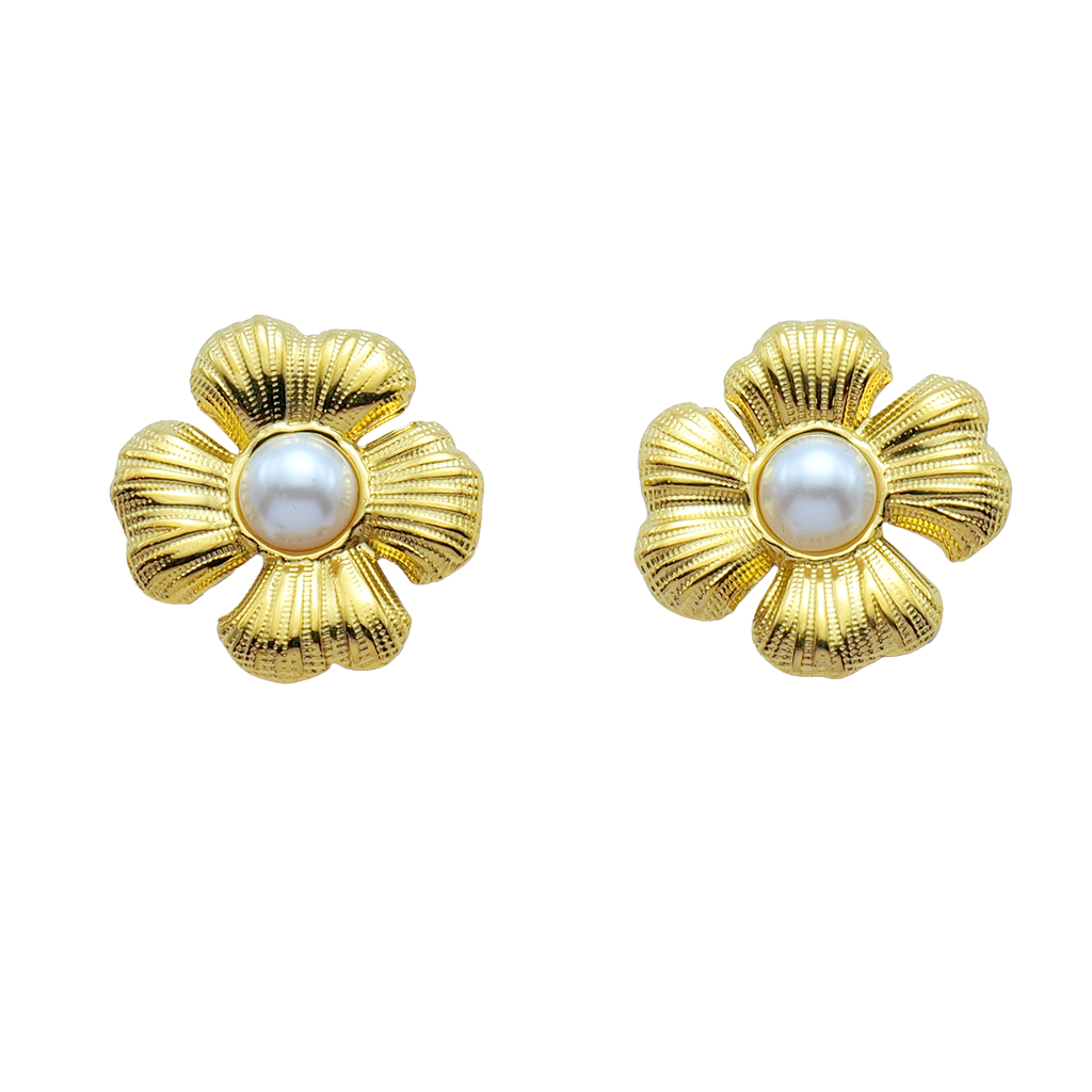 Gilded Ribbed Blossom Pearl Studs