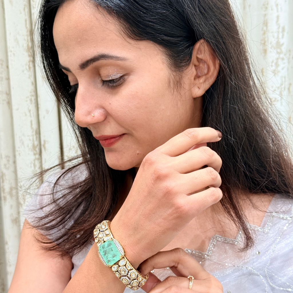 Green Emerald Statement Cuff Bracelet with CZ
