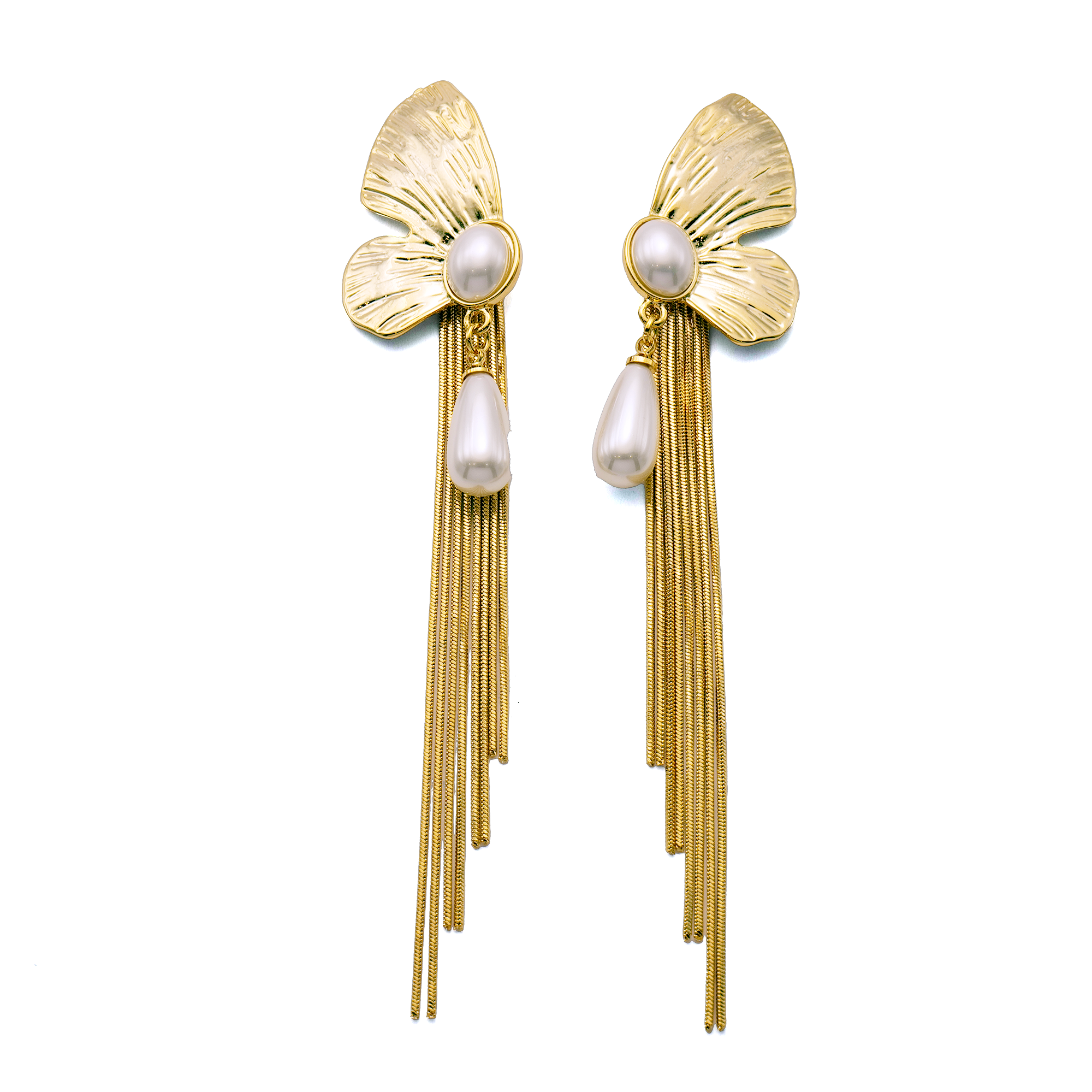 Ethereal Gilded Wing & Pearl Tassel Earrings