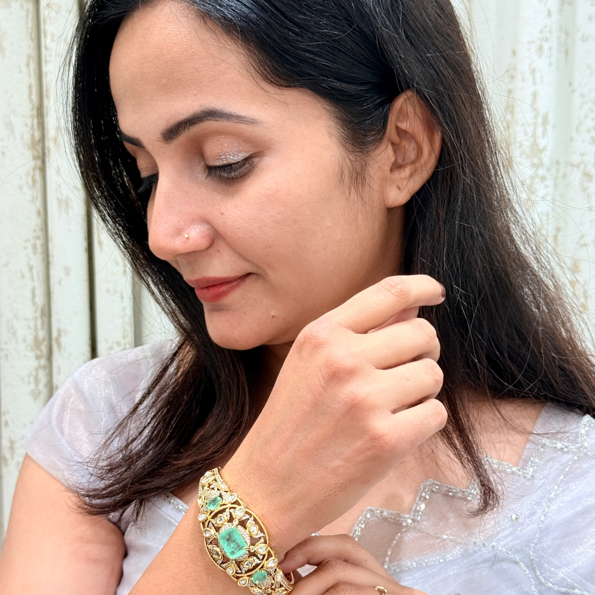Emerald Kundan-Inspired Statement Bangle