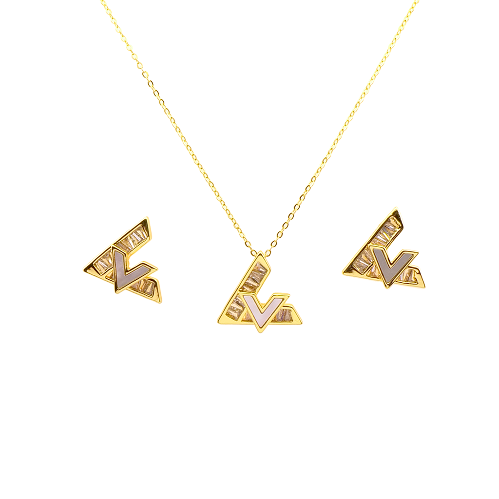 Modern V Shape Gold Pendant Necklace & Earring Set
