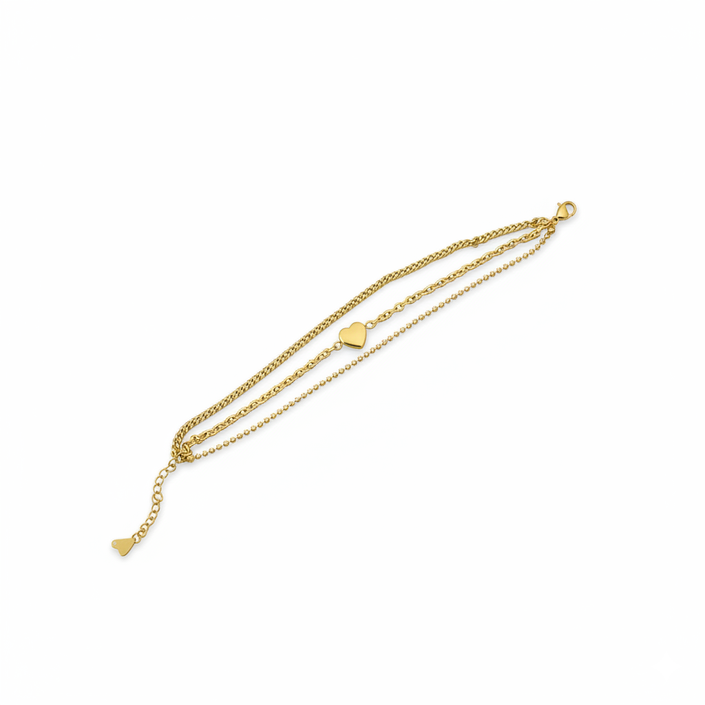 Golden Triple-Layer Heart Charm Bracelet