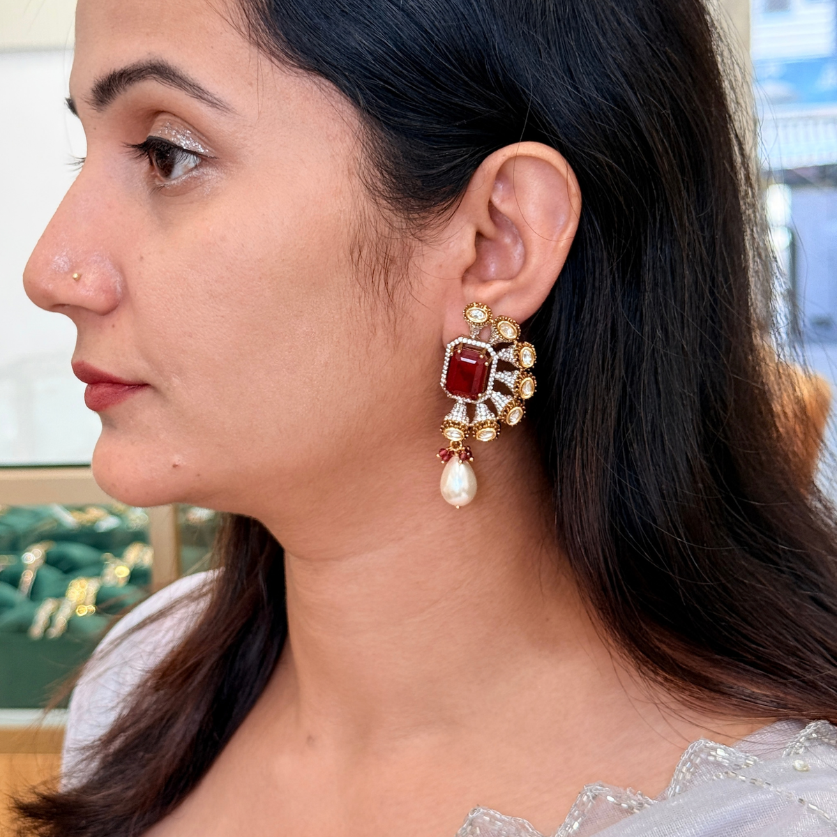 Nira Kundan-Inspired Pearl-Style Drop Earrings