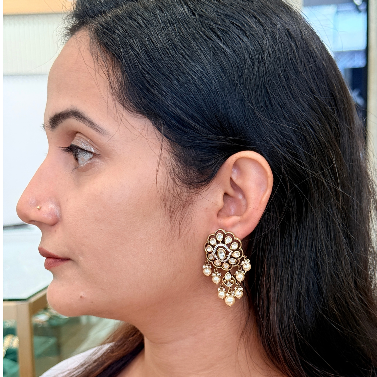 Meera Kundan-Inspired Pearl-Style Chandbali Earrings