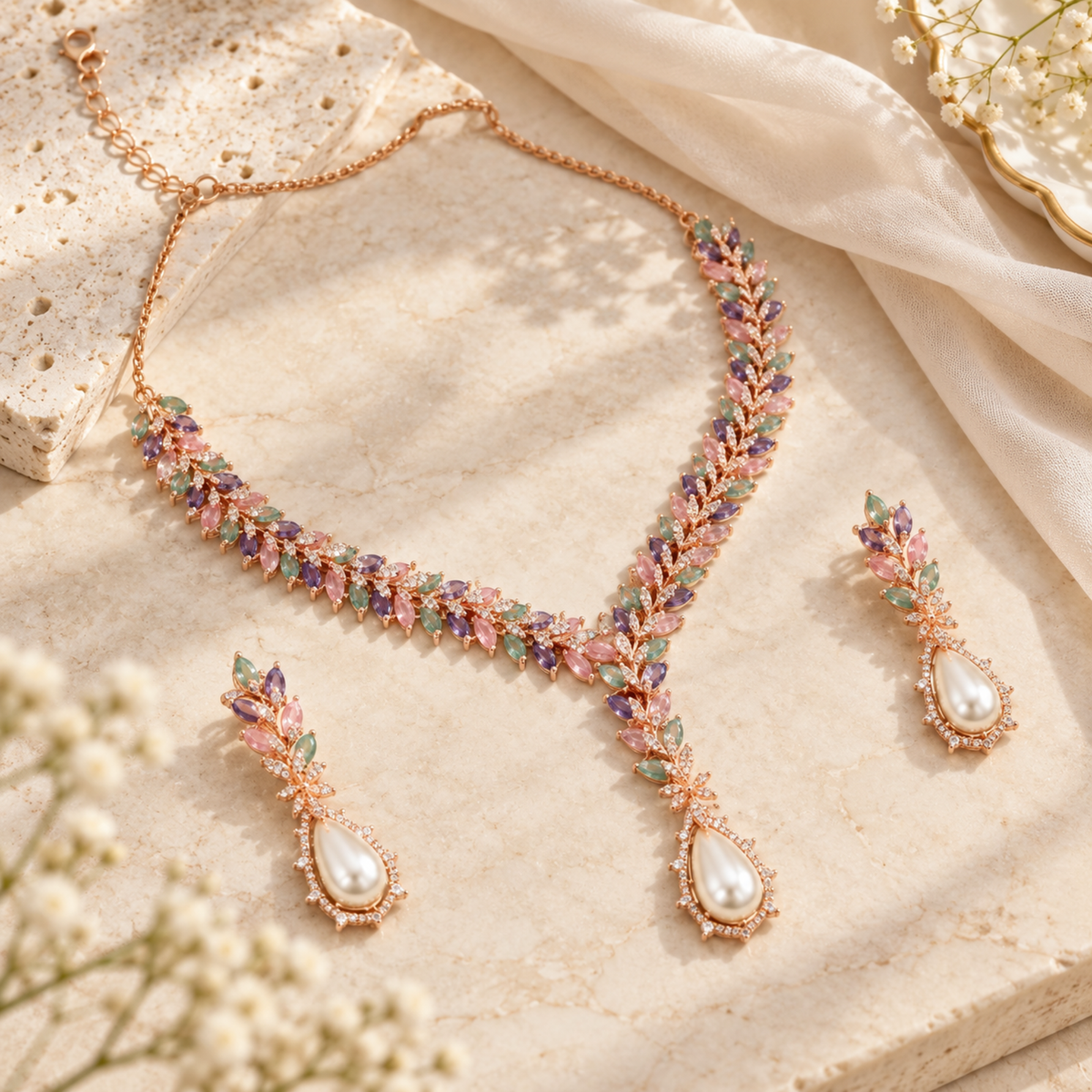 Pastel Leaf Pearl-Drop Necklace Set
