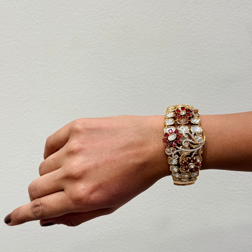 Ruby Red & White Stone Floral Statement Bracelet