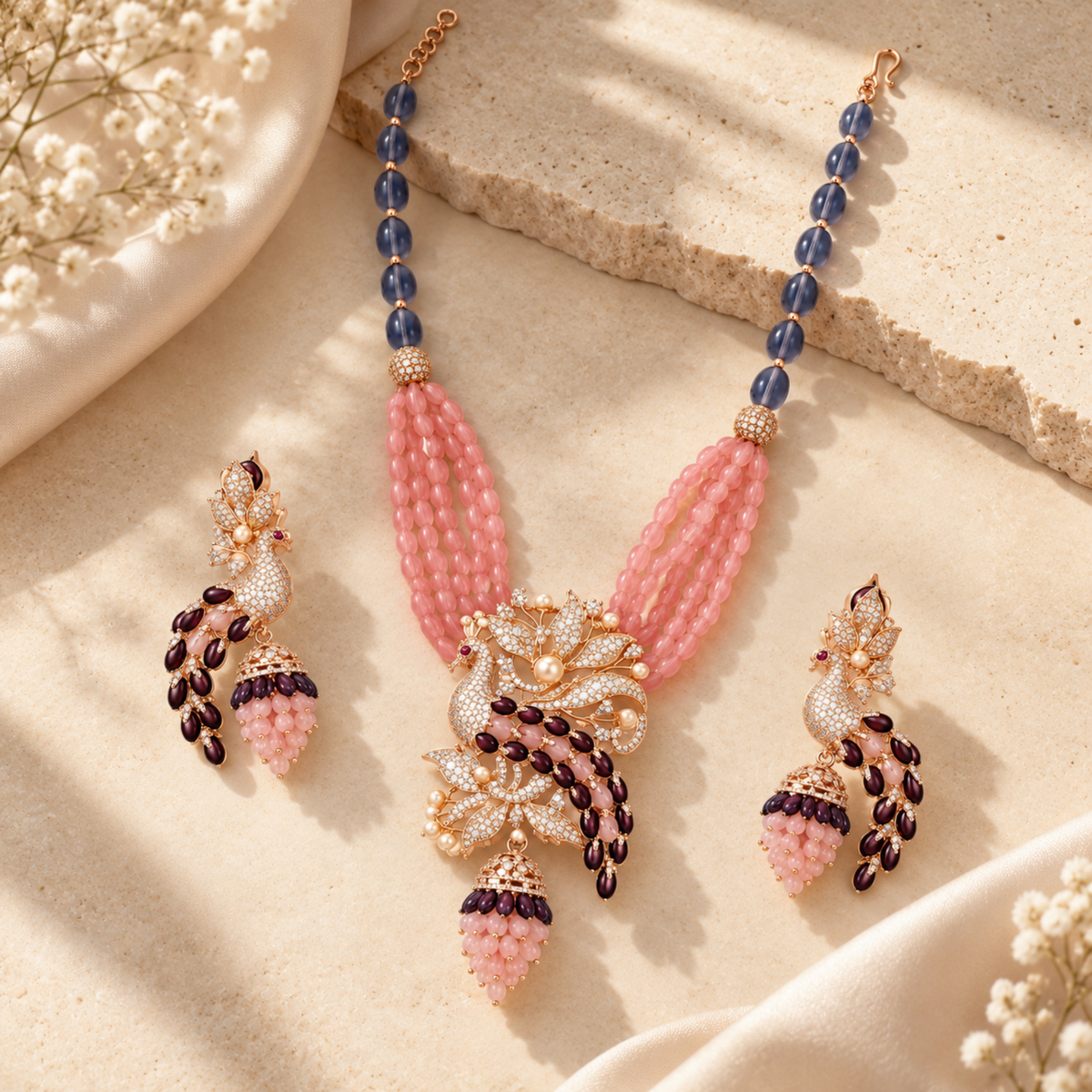 Peacock Motif Beaded Necklace Set