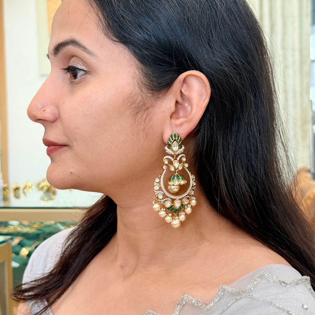 Green Kundan-Inspired Chandbali Earrings