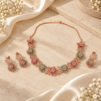 Rose-Tone Floral Necklace Earring Set
