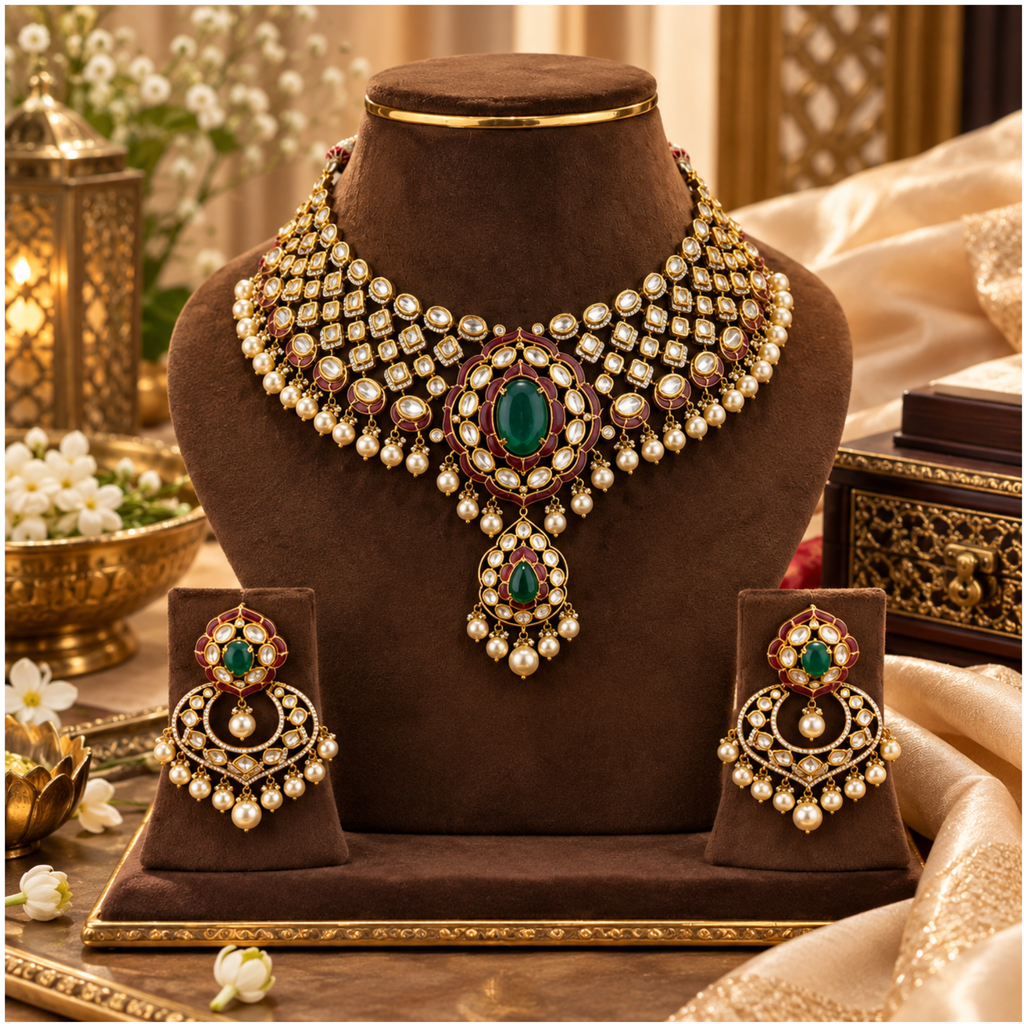 Aurevia Emerald Kundan Necklace Set