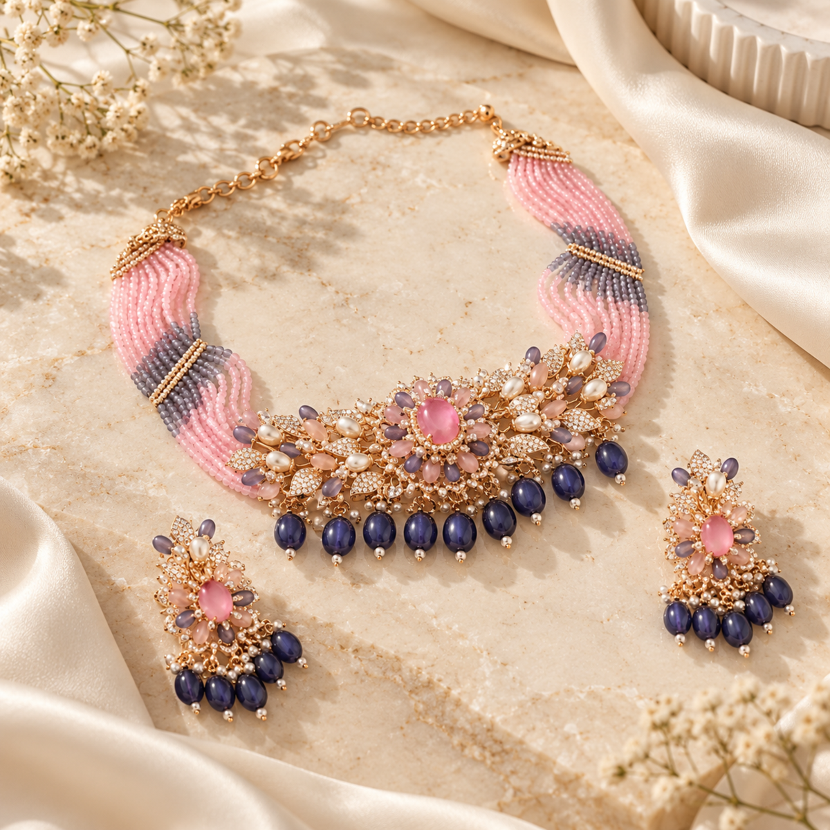 Blush Mauve Floral Choker Set