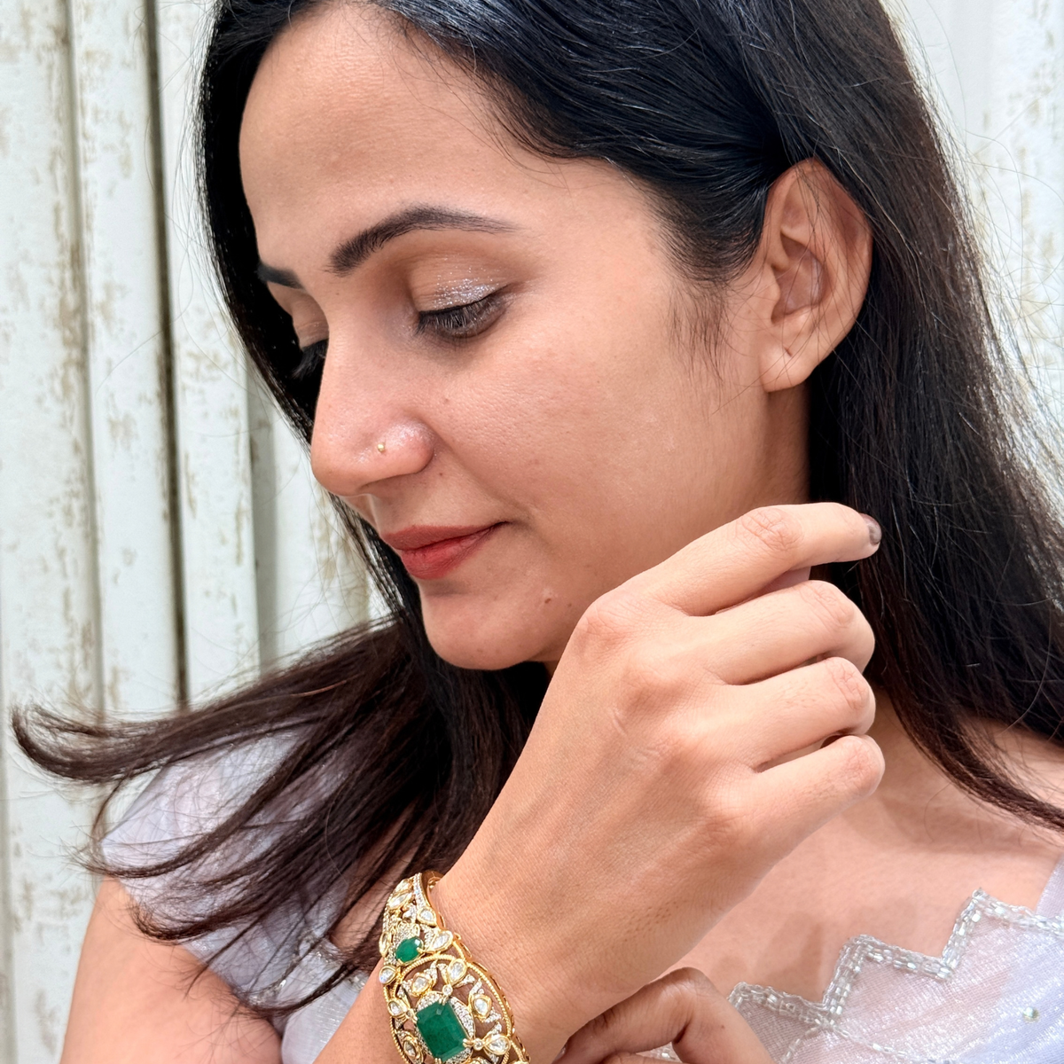 Emerald Green & White Stone Statement Bracelet