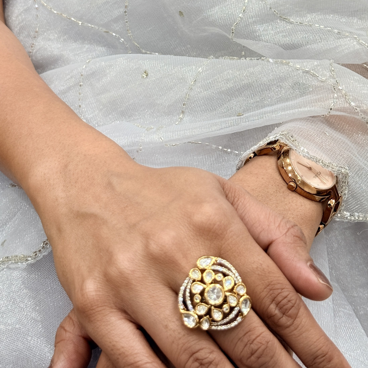 Royal Kundan-Inspired Floral Adjustable Ring