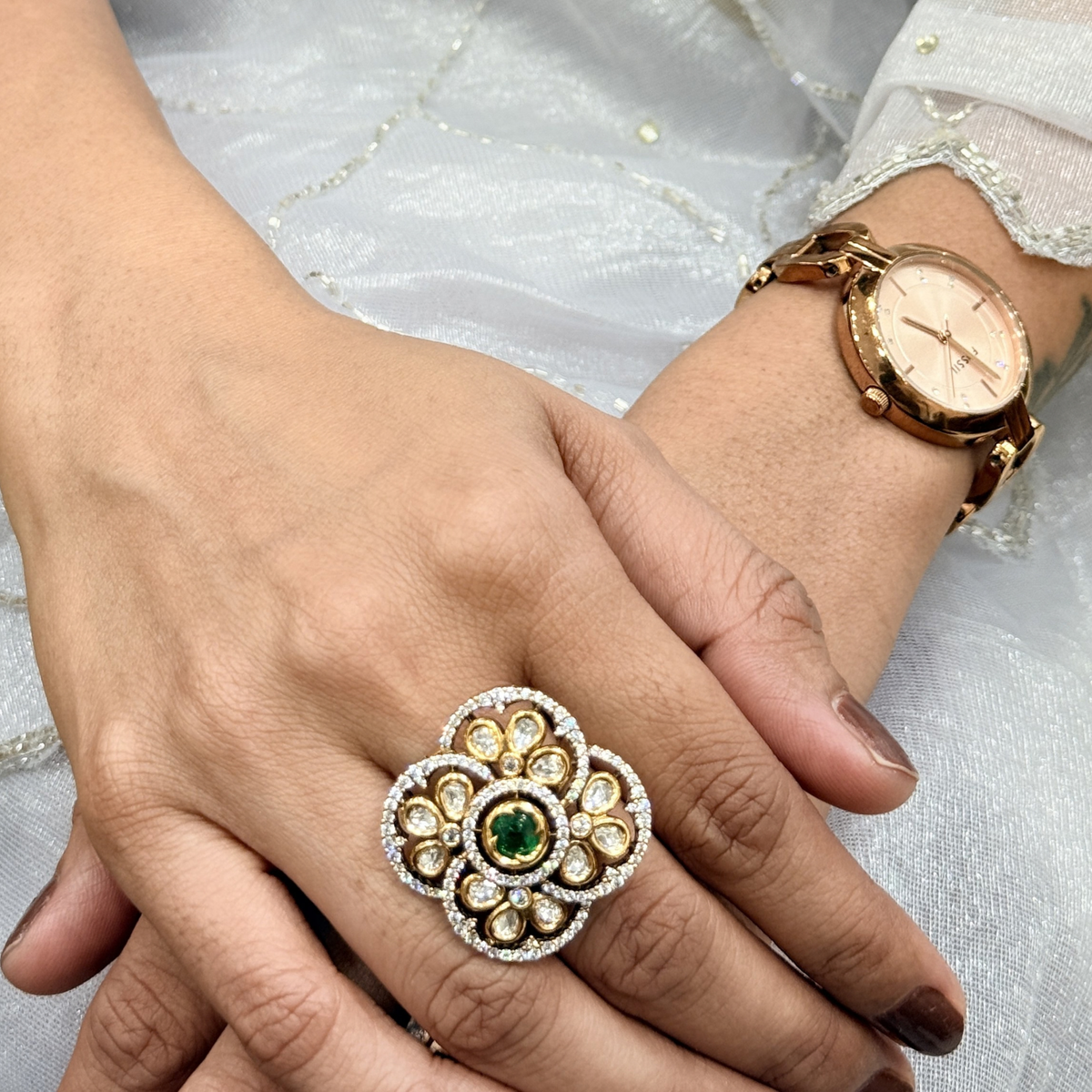 Ruby Floral Kundan-Inspired Statement Ring