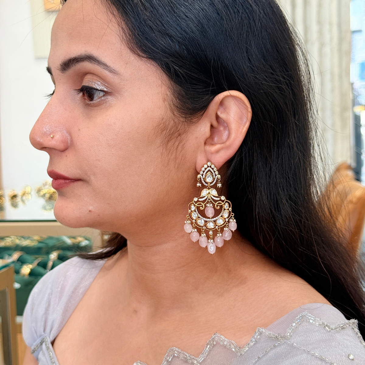 Kundan-Inspired Pearl-Style Chandbali Earrings