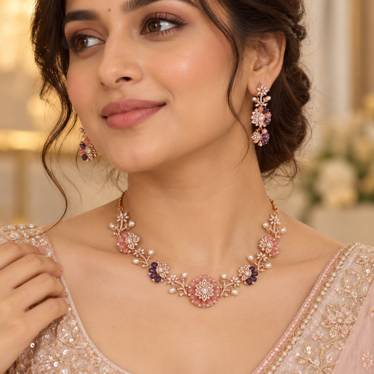 Blush Floral Rose-Tone Necklace Set