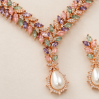 Pastel Leaf Pearl-Drop Necklace Set