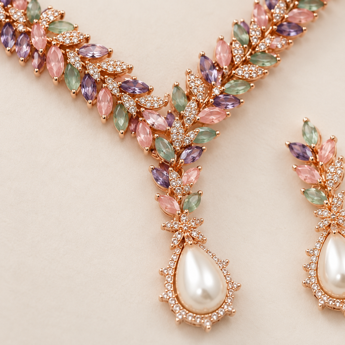 Pastel Leaf Pearl-Drop Necklace Set
