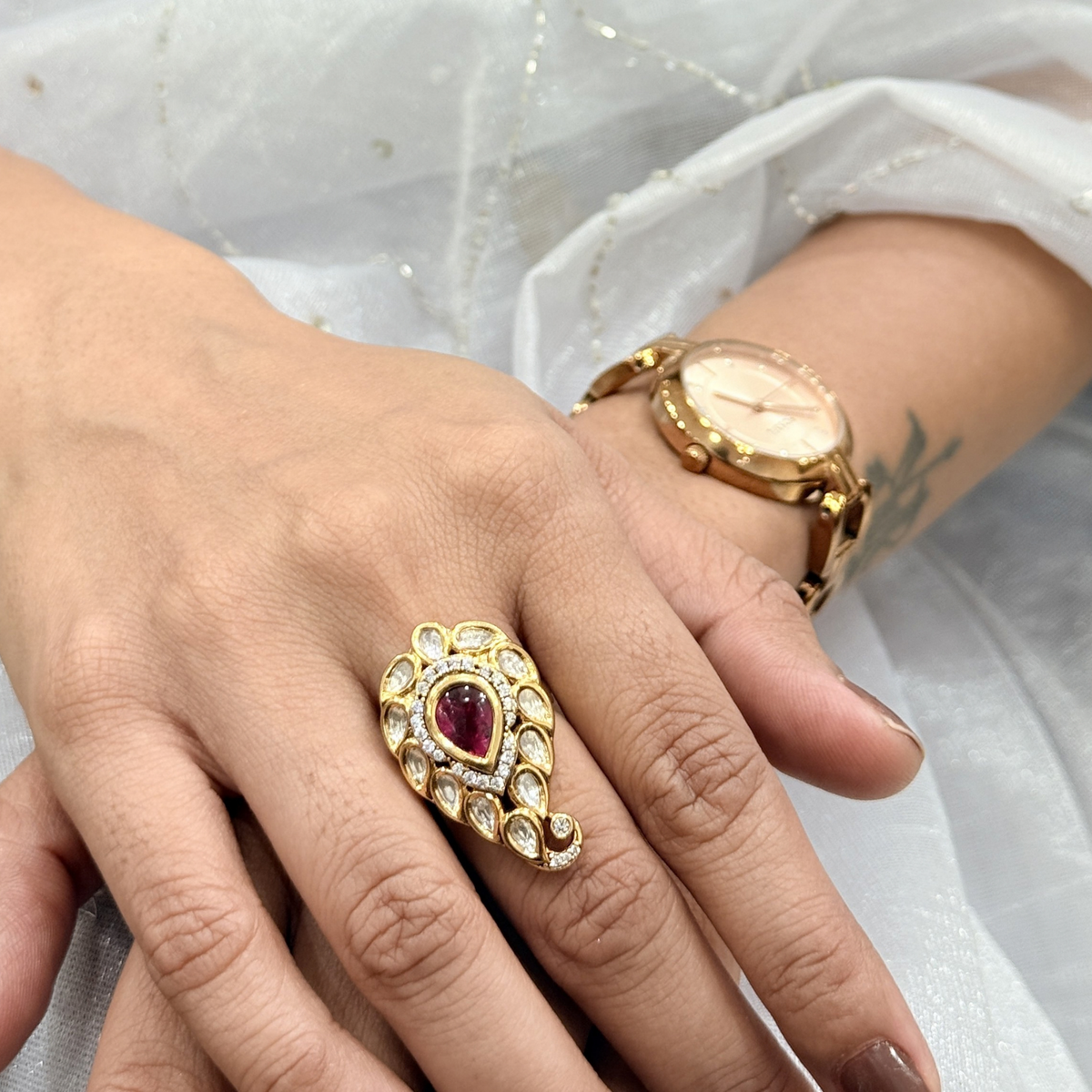 Teardrop Kundan-Inspired Adjustable Statement Ring